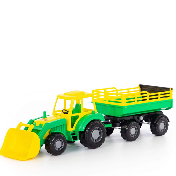 Játék traktor markolóval és pótkocsival